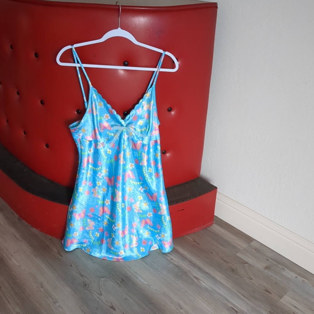 Y2K 90s SHINY SATIN Slip Dress Babydoll MOD FLORAL & BUTTERFLY Print Size Large